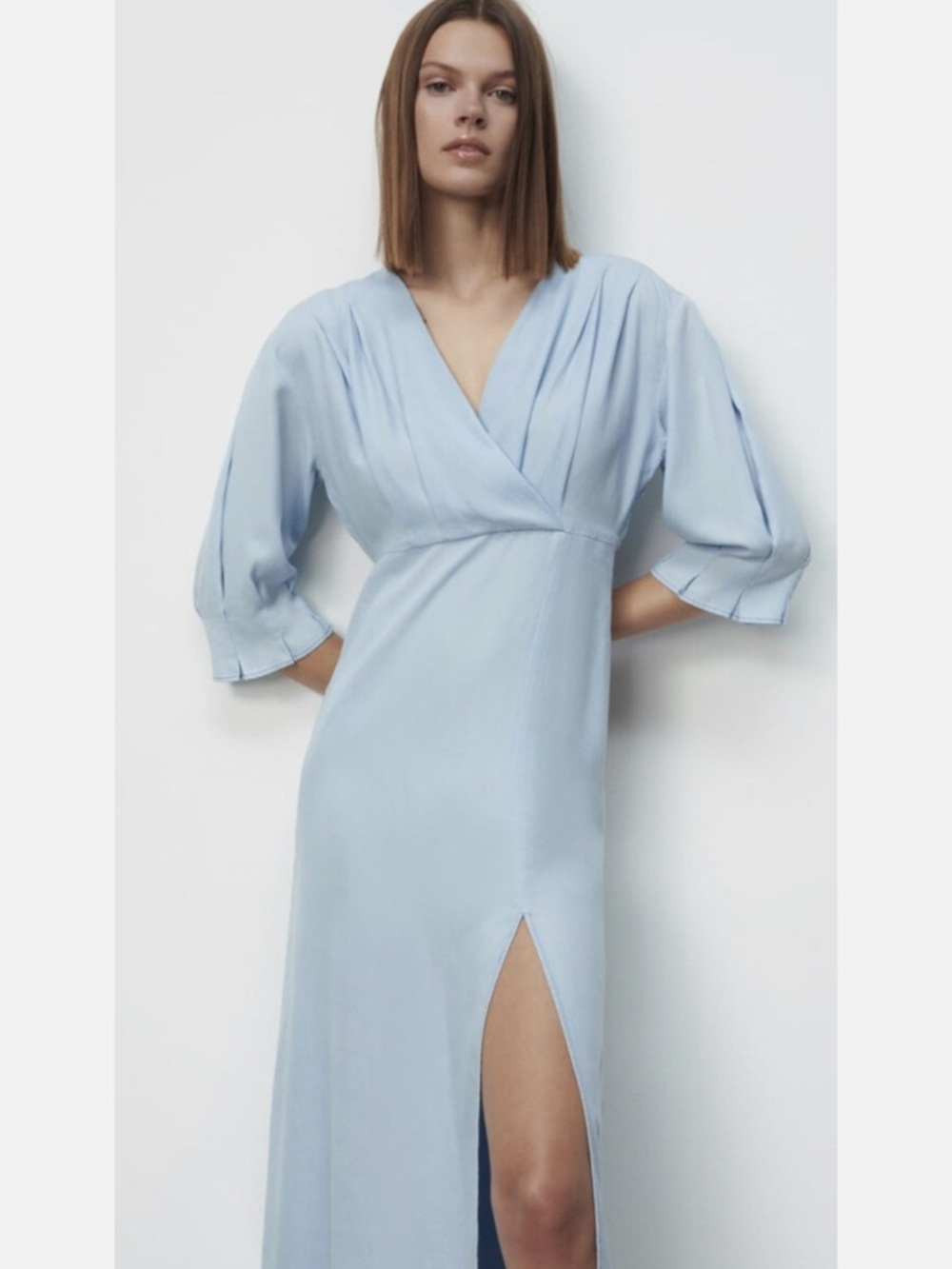 ZARA Light Blue V-Neck Maxi Dress with Front Slit Size L NWT